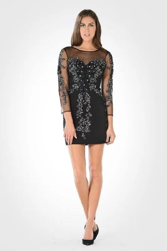 Lace-Overlay Party Dress -Embellished Sheer Short Dress with Sleeves by Poly USA 7754