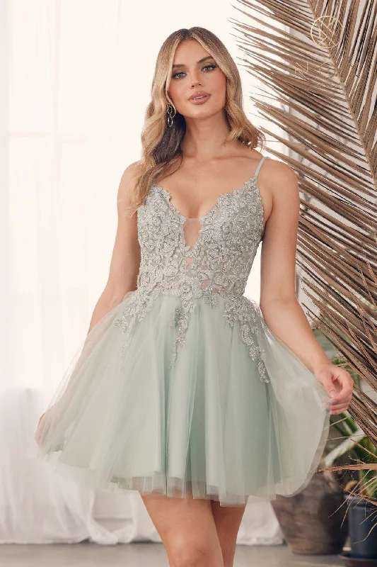 Brunch Party Dress -Embroidered Short V-Neck Tulle Dress by Nox Anabel G785