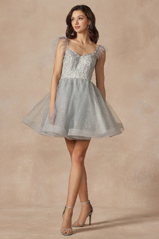 Button-Edge Party Dress -Embroidered Short Sleeveless Feather Dress by Juliet 881 - Outlet