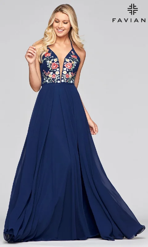 Light-Denim Evening Dress -Embroidered-Bodice Long Faviana Chiffon Prom Dress