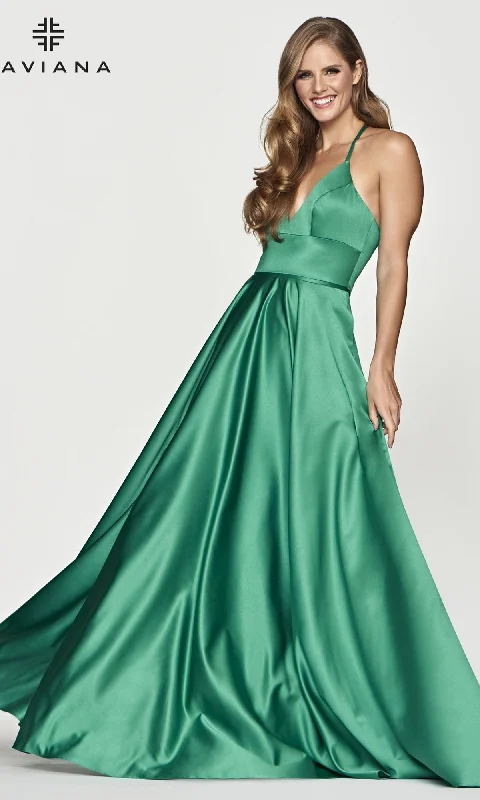 Tie-Neck Evening Dress -Faviana Long Satin A-Line Prom Dress with Pockets