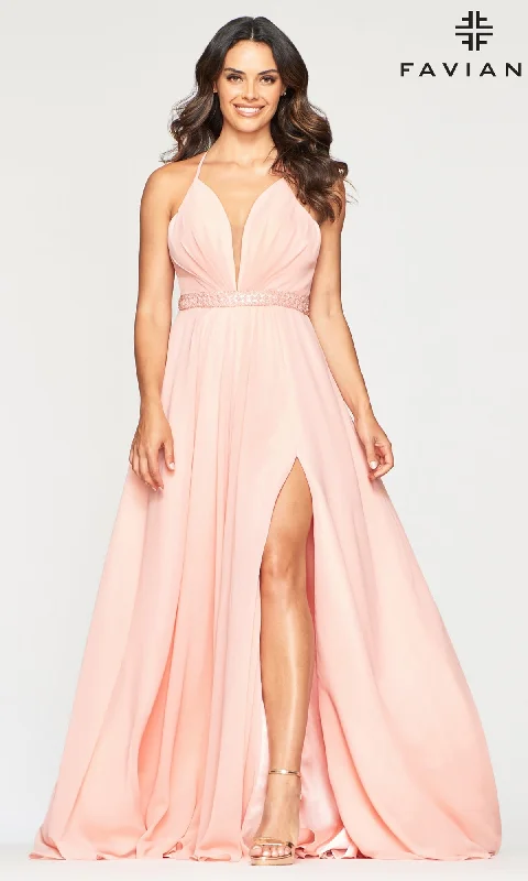 Airy Evening Dress -Faviana Long Chiffon Beaded-Waist Prom Dress