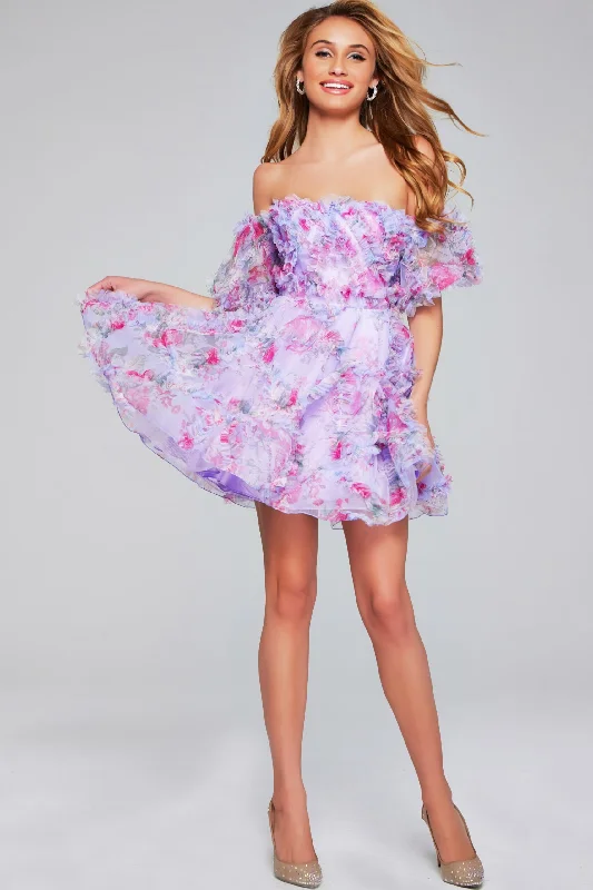 Engagement Party Dress -Floral Print Short Off Shoulder A-line Dress by Jovani 40330