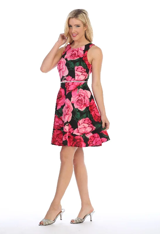 Floral Print Short Sleeveless Party Dress by Celavie 6338