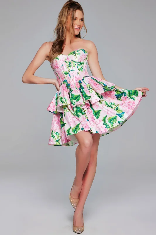 Floral Print Short Strapless A-line Dress by Jovani JVN37057