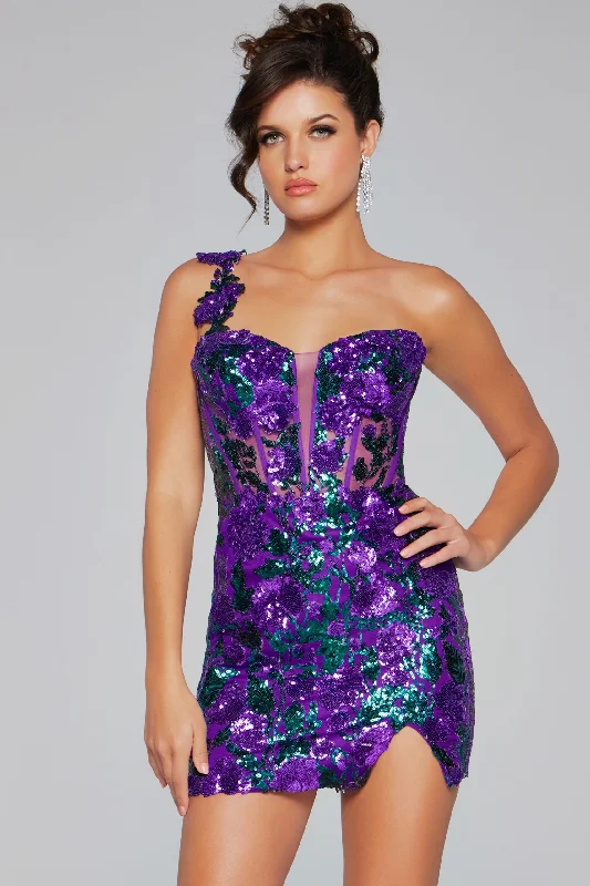 Cool-Wool Party Dress -Floral Sequin Short One Shoulder Dress by Jovani 40647