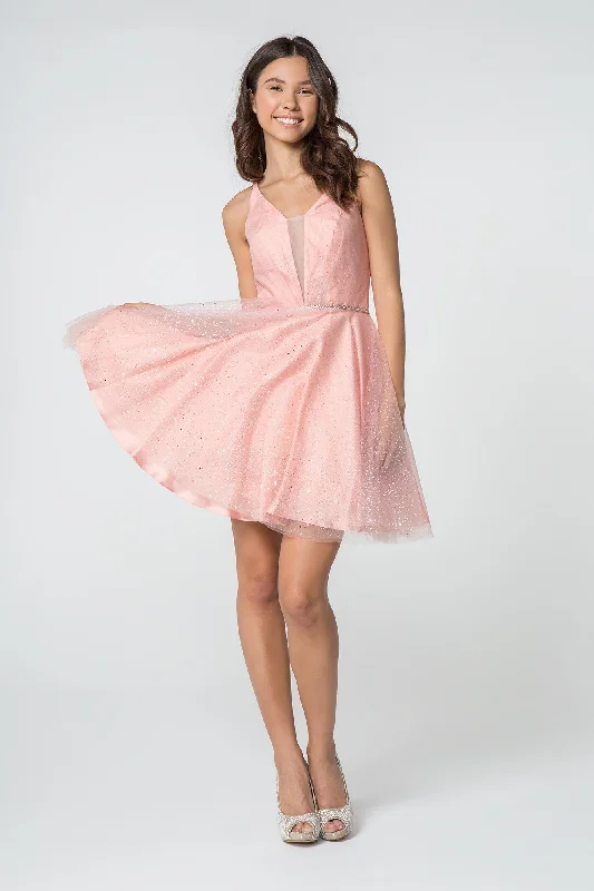 Retro-Silk Party Dress -Illusion Deep V-Neck Short Glitter Dress by Elizabeth K GS2865