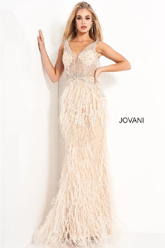 Gathered-Front Evening Dress -Feather-Embellished Long Jovani Formal Prom Dress