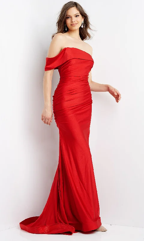 Front-Tie Evening Dress -Long JVN by Jovani Off-the-Shoulder Red Prom Dress