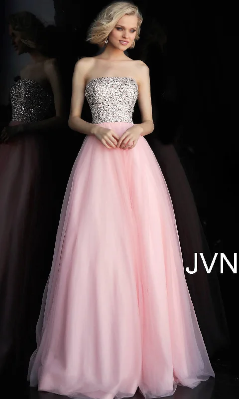 Curved-Edge Evening Dress -Long JVN by Jovani Strapless Blush Pink Prom Dress