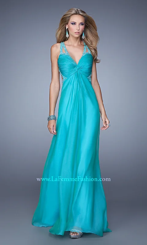 Crinkle Evening Dress -La Femme Strappy-Back Knot-Front Long Prom Dress