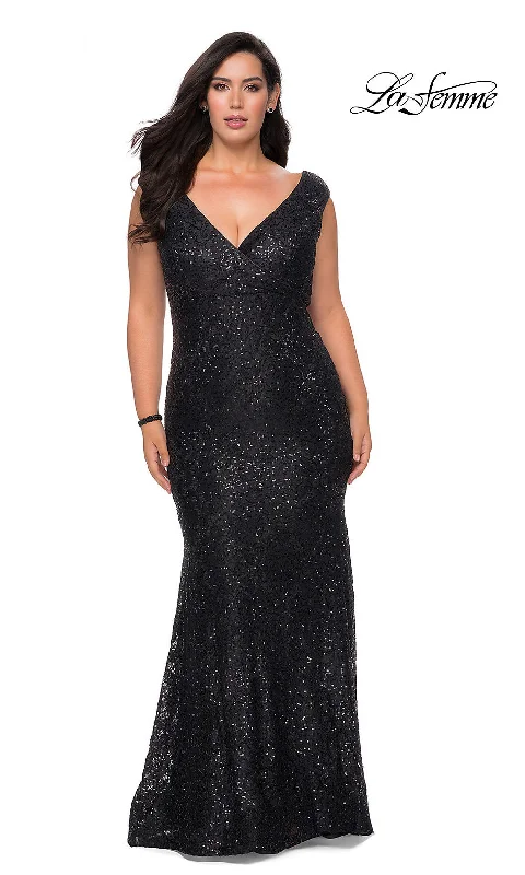 Lace-Front Evening Dress -La Femme Long Plus-Size Sequin-Lace Prom Dress