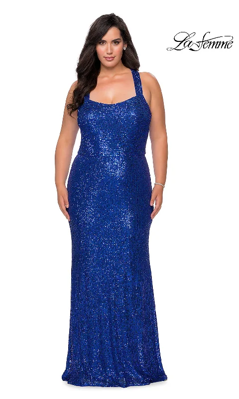 Denim Evening Dress -X-Back Long Sequin Plus-Size La Femme Prom Dress