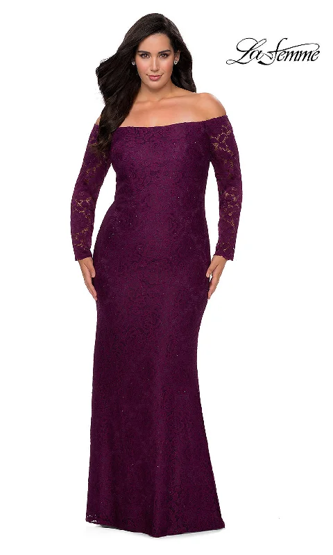 Fine-Velvet Evening Dress -La Femme Long Lace Plus-Size Formal Prom Dress