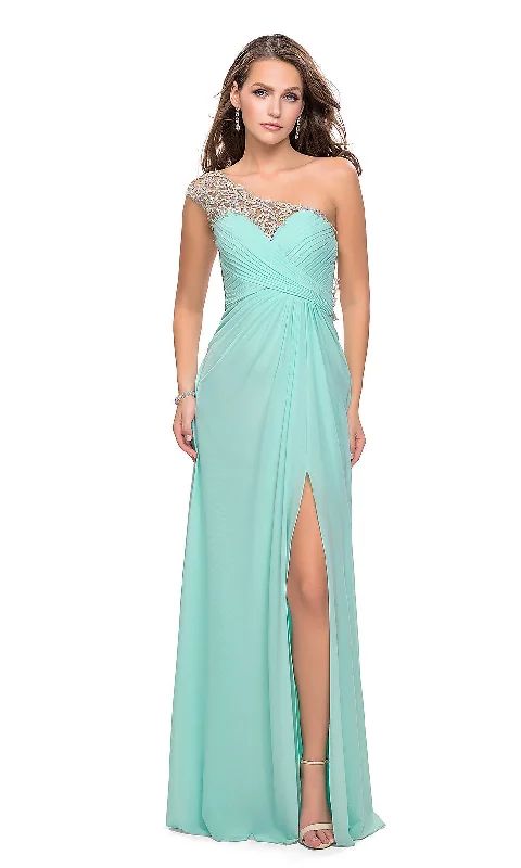 Open-Front Evening Dress -One-Shoulder Long La Femme Lace-Back Prom Dress