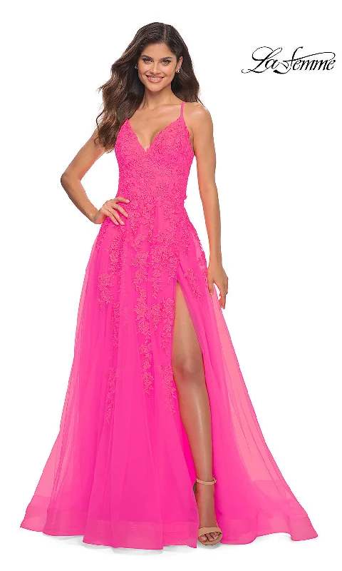 Wine-Tasting Evening Dress -La Femme Neon Pink Embroidered Long Prom Dress