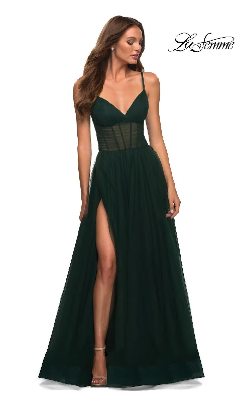 Button-Edge Evening Dress -Sheer-Waist Long A-Line Prom Dress by La Femme