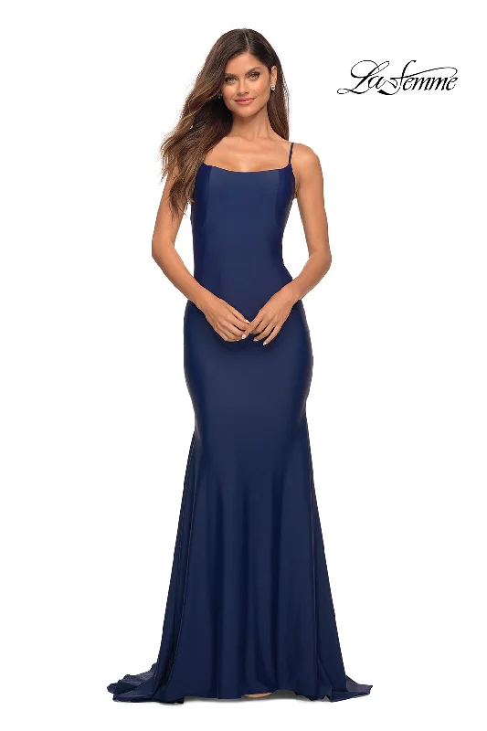 Short-Chill Evening Dress -Low V-Back La Femme Long Prom Dress with Train