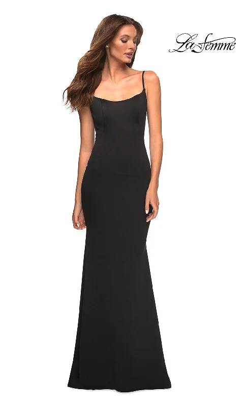 Tie-Edge Evening Dress -La Femme Long Simple Prom Dress with Scoop Back