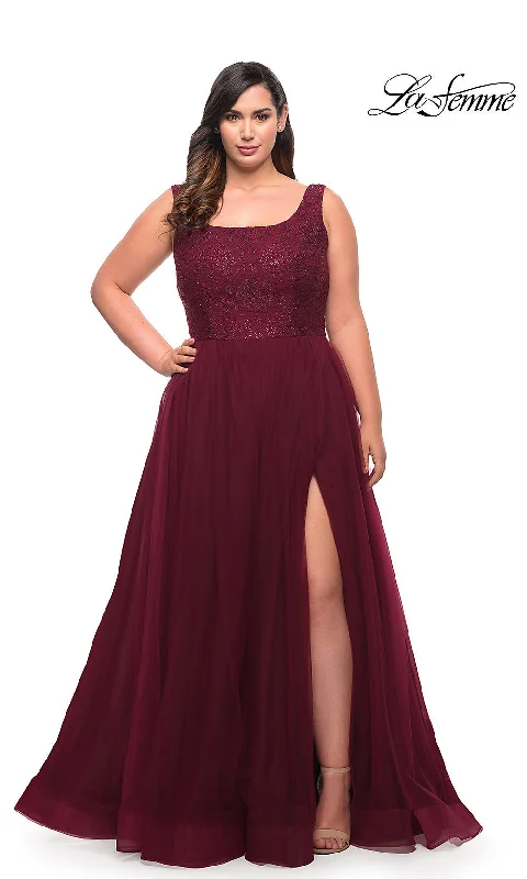 Side-Back Evening Dress -La Femme Long Lace-Bodice Plus-Size Prom Dress