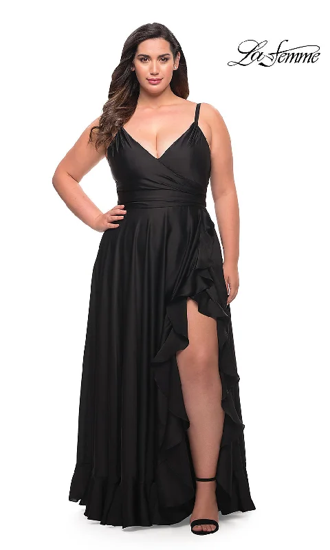 Swing-Back Evening Dress -La Femme Long Plus-Size Prom Dress with Ruffle