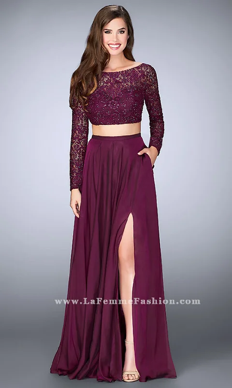 Poolside Evening Dress -Two Piece Long Chiffon Prom Dress with Long Sleeves