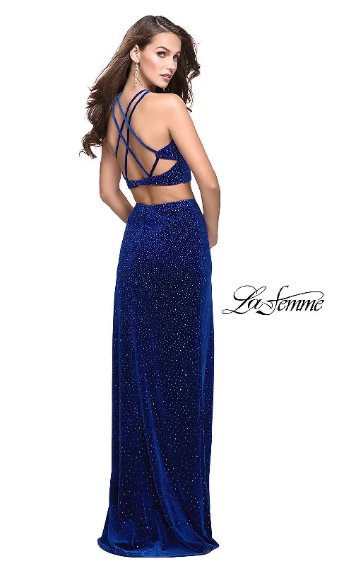 Split-Front Evening Dress -Open-Back Two-Piece Beaded Velvet Prom Dress