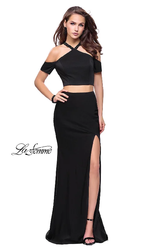 Satin Evening Dress -Two-Piece Cold-Shoulder Prom Dress by La Femme