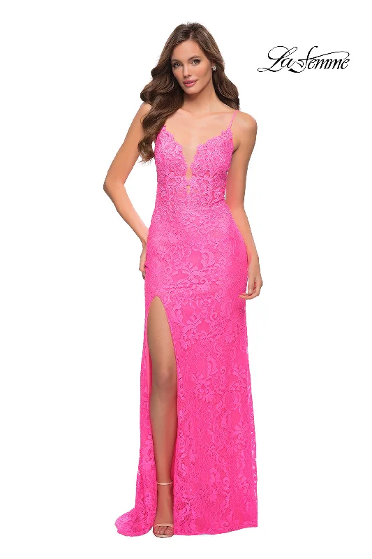 Soft-Stripe Evening Dress -Open-Back La Femme Long Neon Lace Prom Dress