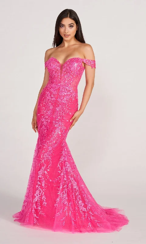 Shirred Evening Dress -Off The Shoulder Lace Embroidered Prom Dress EW34007