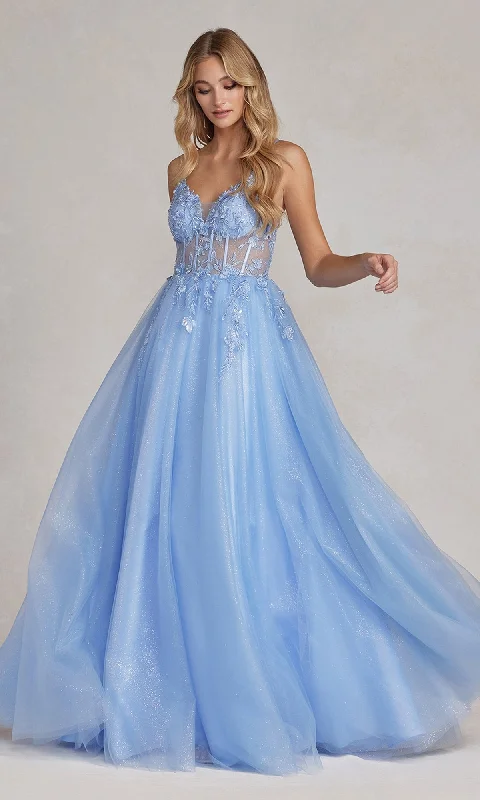 Lace-Detail Evening Dress -Sheer-Bodice A-Line Light Blue Long Prom Dress