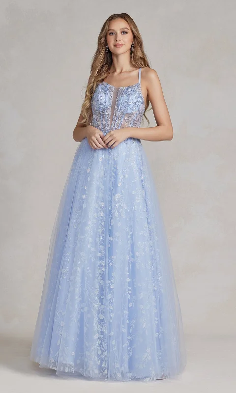 Woven Evening Dress -Periwinkle Sheer-Bodice Long A-Line Prom Dress