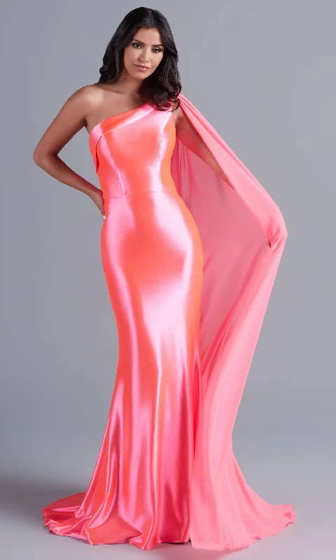 Matte Evening Dress -Neon Long Prom Dress with Detachable Cape