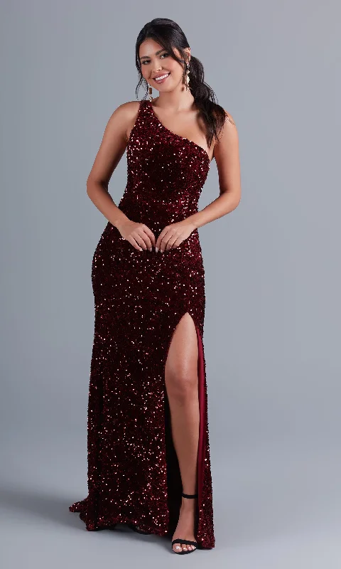 Shiny Evening Dress -One-Shoulder Long Velvet Prom Dress with Sequins