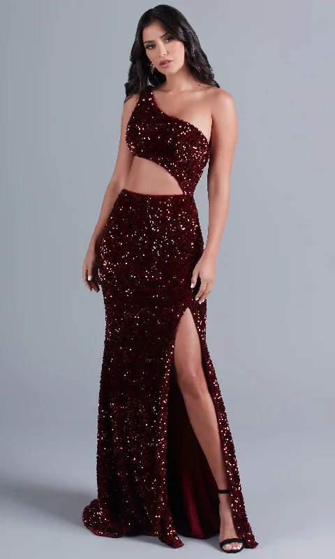 Charity Evening Dress -Dark Red Sequin Prom Dress with Side Cut-Out