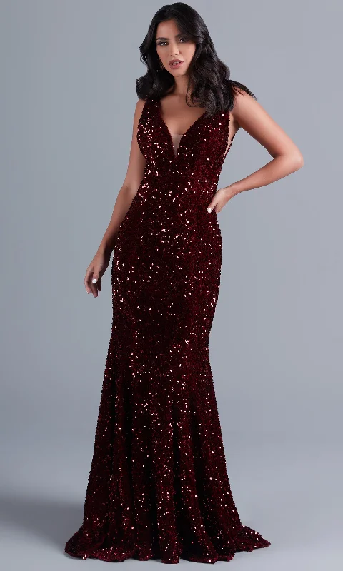 V-Back Evening Dress -Deep V-Neck Dark Red Long Velvet-Sequin Prom Dress