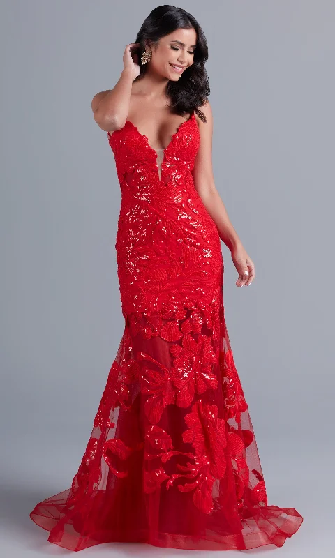 Drop-Waist Evening Dress -Long Red Lace Mermaid Prom Dress with Open Back