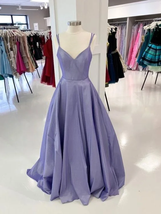 Purple v neck satin long prom dress, purple evening dress C84