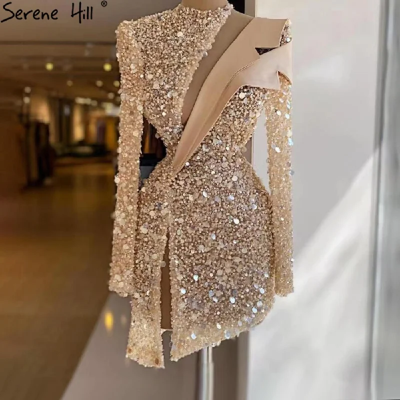 Serene HiLL Gold Asymmetrical Cocktail Party Gowns 2024 Beaded Pearl Sexy Luxury For Women Party LA71399