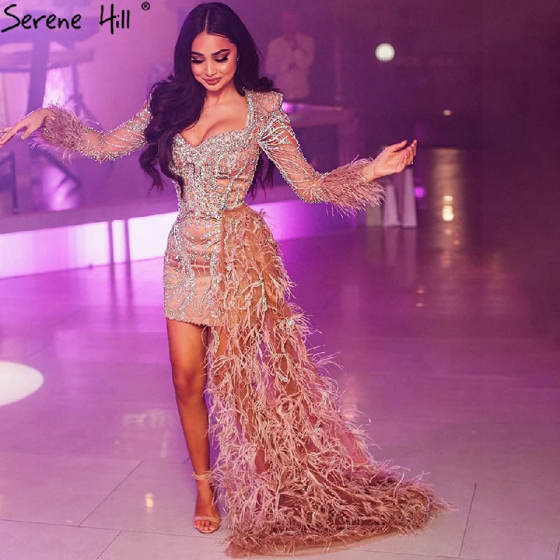 Serene Hill Peach Mermaid With Train Cocktail Dresses 2024 Beading Feathers Elegant Designer For Women Party LA71113