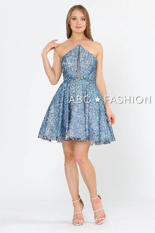 Holiday Party Dress -Short Floral Glitter Dress with Illusion Cutout by Poly USA 8506