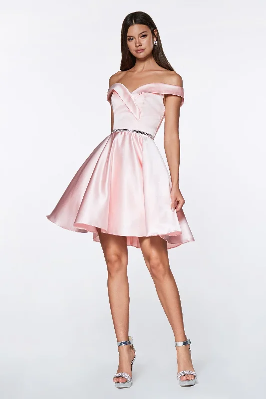 Pleated-Bodice Party Dress -Short Off Shoulder Satin Dress by Cinderella Divine CD0140 - Outlet