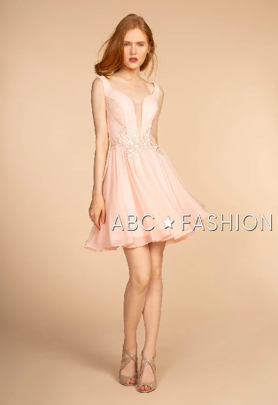 Swing-Edge Party Dress -Short Pink V-Neck Dress with Embellished Waist by Elizabeth K GS1617