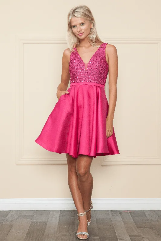 Chiffon Party Dress for Lightness -Short Sequin Bodice A-line Dress by Poly USA 8954