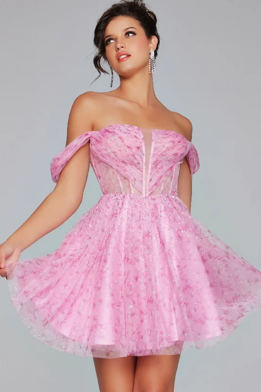 Asymmetrical Party Dress -Tulle Short Off Shoulder A-line Dress by Jovani 38000