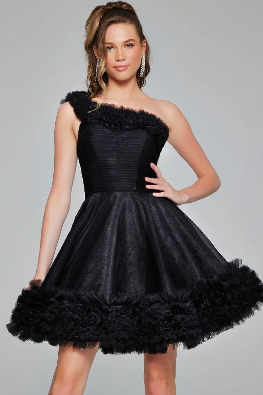 Lace-Overlay Party Dress -Tulle Short One Shoulder A-line Dress by Jovani 39665