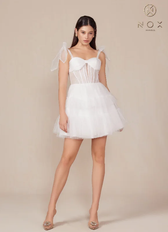 Night-Picnic Party Dress -White Short Corset Tiered Dress by Nox Anabel Y858W