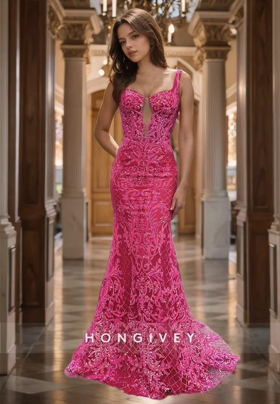 Cross-Back Party Dress -Luxurious Fuchsia Lace Mermaid Prom Dress Spaghetti Straps Floor Length Cocktail Dress