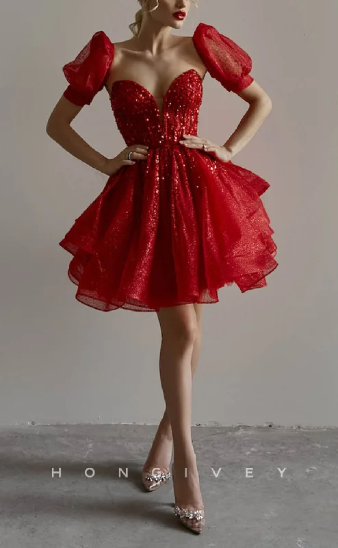 Abstract Party Dress -H1920 - Ornate/Sexy Sequined V-Neck Empire Tiered Short Evening/Homecoming Dress