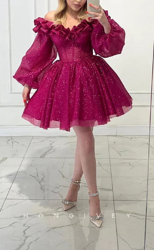 Polka-Dotted Party Dress -H2040 - Sexy Glitter A-Line Empire Ruffled Off-Shoulder Long Puff Sleeves Gown Short Cocktail/Homecoming Dress